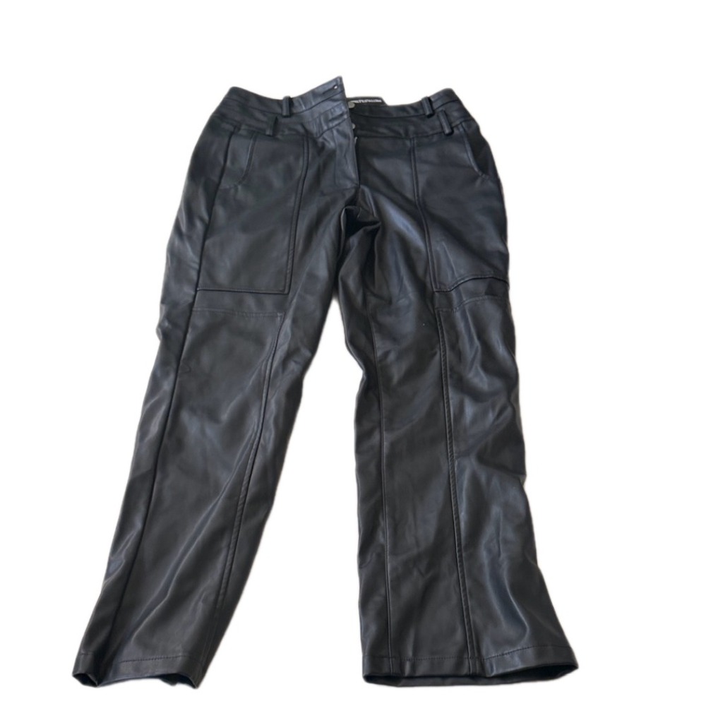 PrettyLittleThing Black Faux Leather Cargo Pants High Waisted Straight Leg‎ NWT